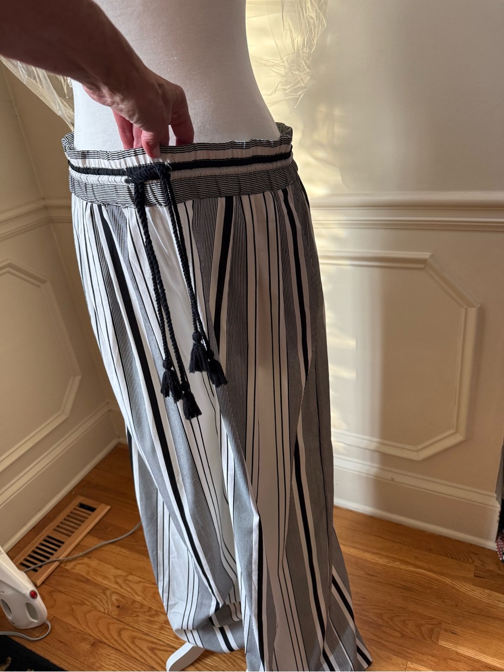 Striped Black & White Wide Leg Pants with Tassel Drawstring